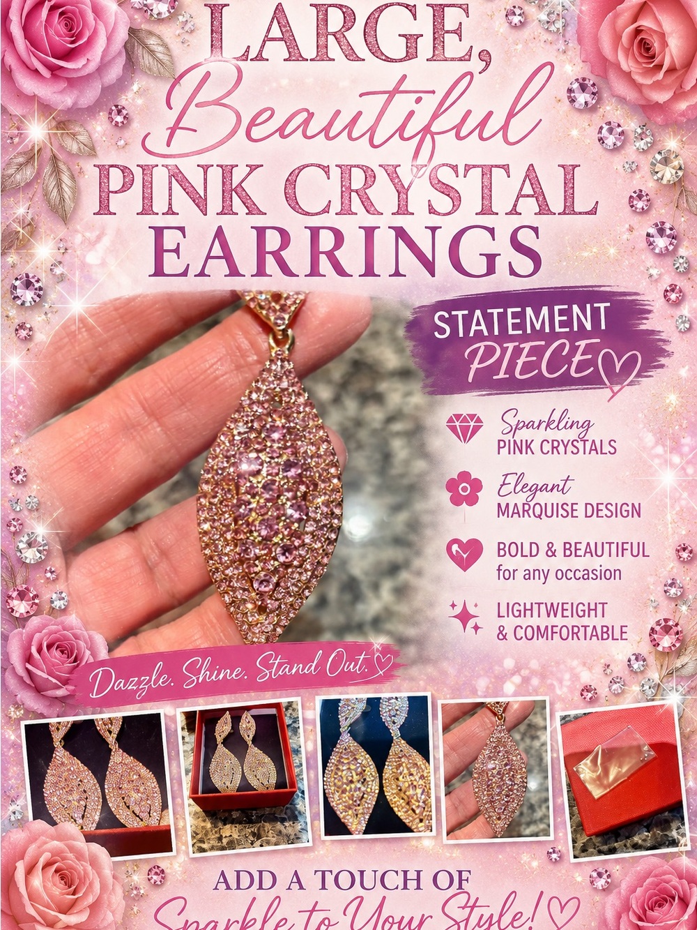 Elegant Pink/Rose Crystal Leaf Earrings. Beautiful Valentines 💘 gift! New!